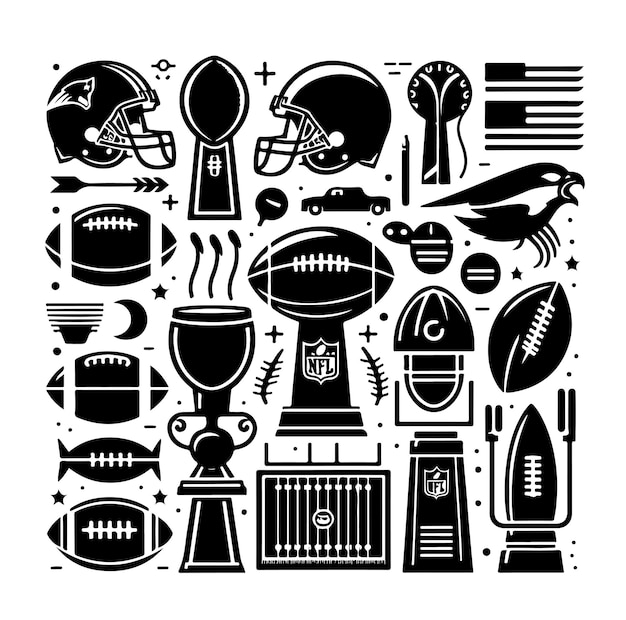 Vector vintage rugby sport elements set superbow vector silhouette black design on white background