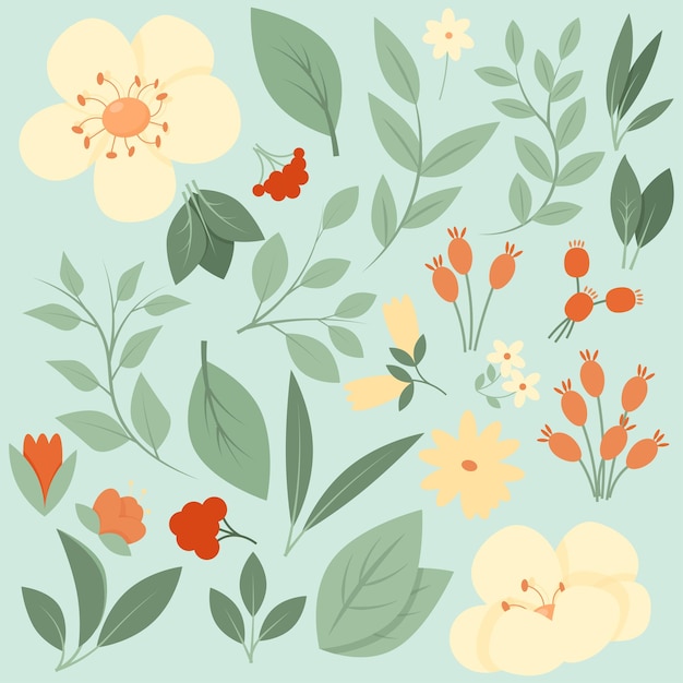 Vector vintage set of flowers leaves and berries