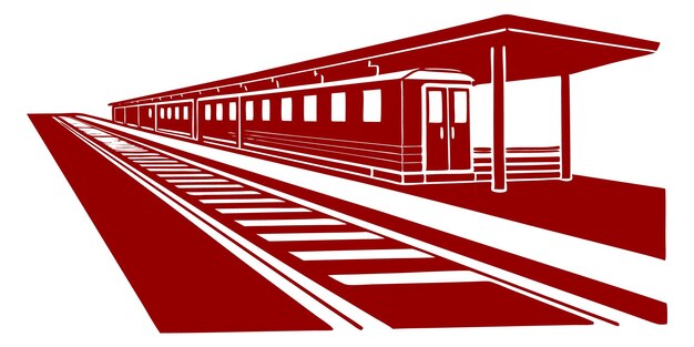 Vector vintage train on subway platform detailed black and white illustration