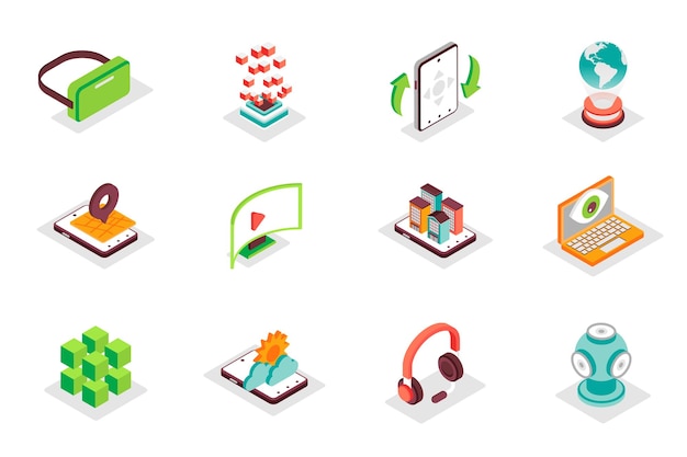 Virtual reality concept 3d isometric icons set Vector illustration in modern isometry design