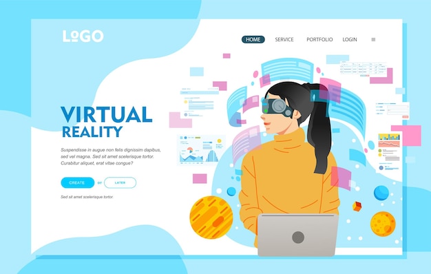 Vector virtual reality glasses concept, with young women wearing virtual reality glasses while work with laptop.