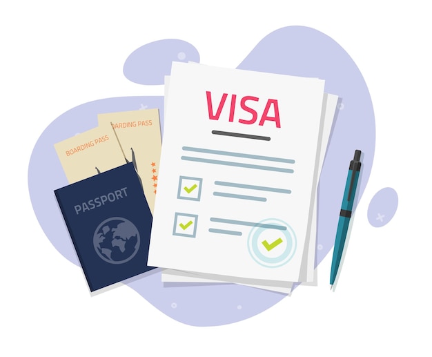 Visa application approved with stamp and passport tickets for international foreign travel flat