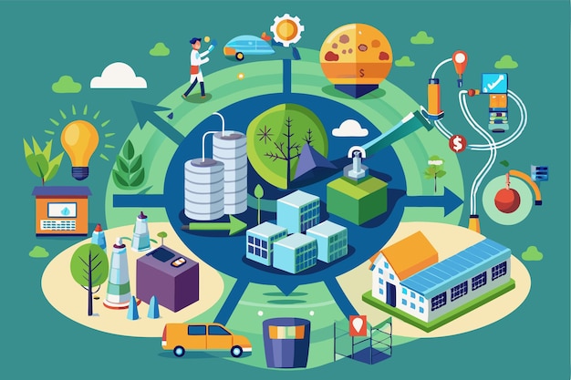 Vector a visual representation of the circular economy showcasing sustainable manufacturing practices resource management and ecofriendly innovations