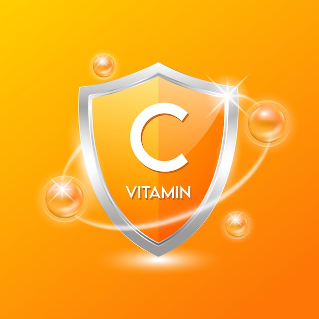 Vector vitamin c shield with orange atom protect the body stay healthy for nutrition products food