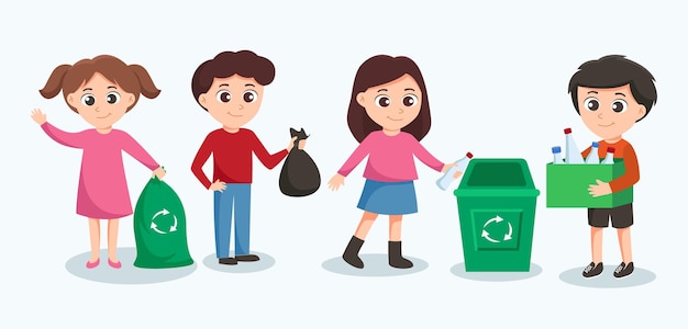 Volunteer activity garbage collection to save the world concpet vector illustration Volunteers of young people with garbage bags volunteering working and environmental cleanup