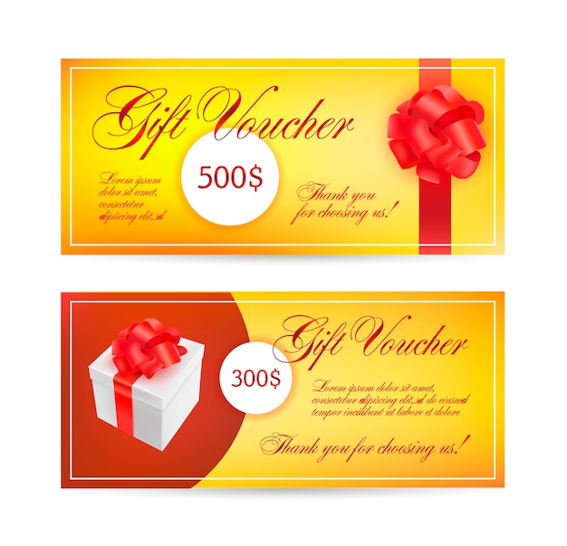 Voucher templates with red bow ribbons.