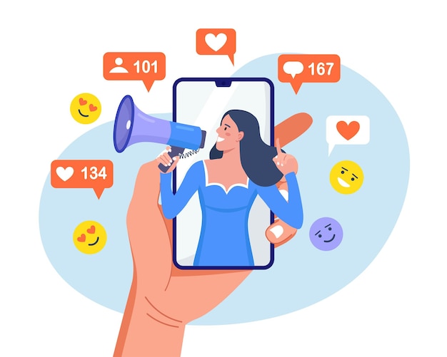 Vrouw schreeuwt in luidspreker op smartphonescherm, trekt abonnees, positieve feedback, volgers aan. Social media promotie, marketing. Communicatie met publiek. PR-bureauteam voor influencer