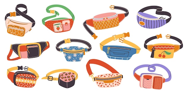 Vector waist bags or fanny packs set compact handsfree pouches worn around the waist convenient for carrying essentials like keys phones and wallets while on the go cartoon vector illustration icons