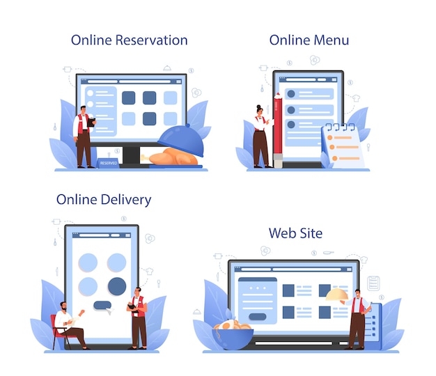 Vector waiter online service or platform set. restaurant staff in the uniform, catering service.