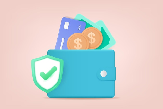 Vector wallet with shield credit cards and money safe money operations concept internet banking and money transfer 3d vector illustration