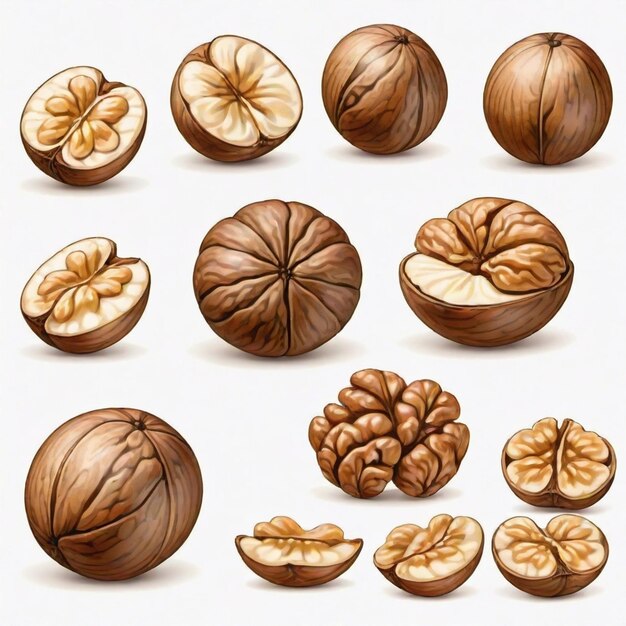 Vector walnut cartoon vector set white background isolated