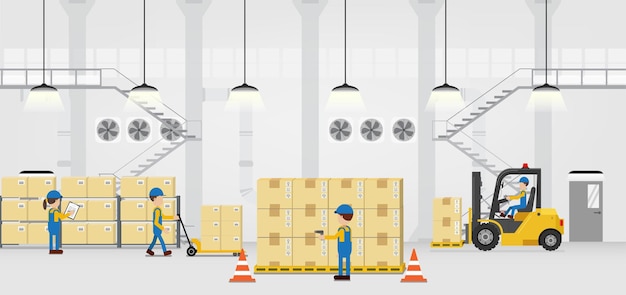 Warehouse in process with workers working flat design vector illustration