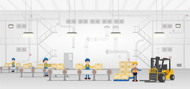 Warehouse in process with workers working flat design vector illustration