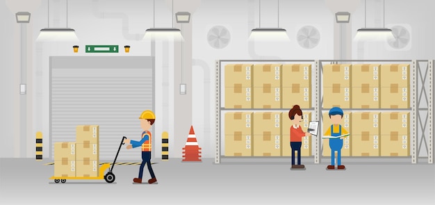 Warehouse in process with workers working flat design vector illustration