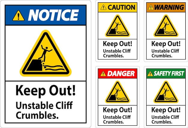 Vector warning sign keep out unstable cliff crumbles