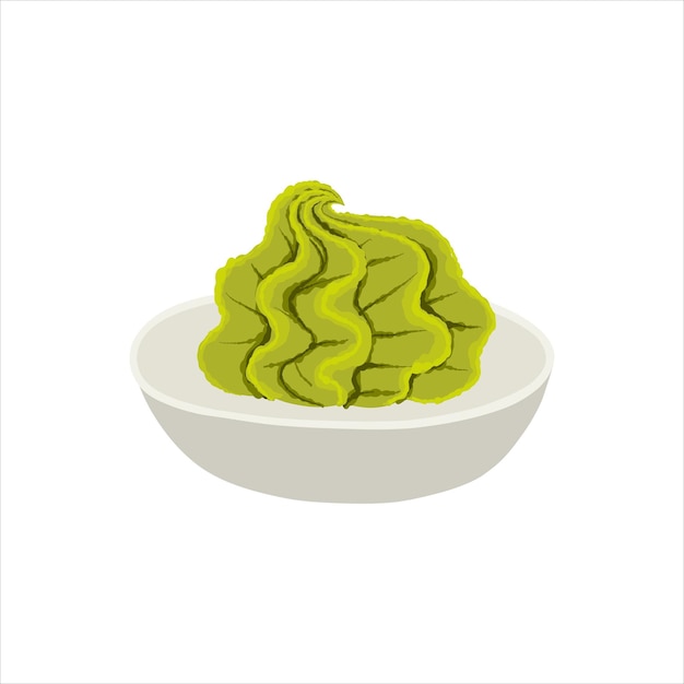 Wasabi in ceramic bowl. Japanese condiment for sushi. Asian food. Vector clipart.