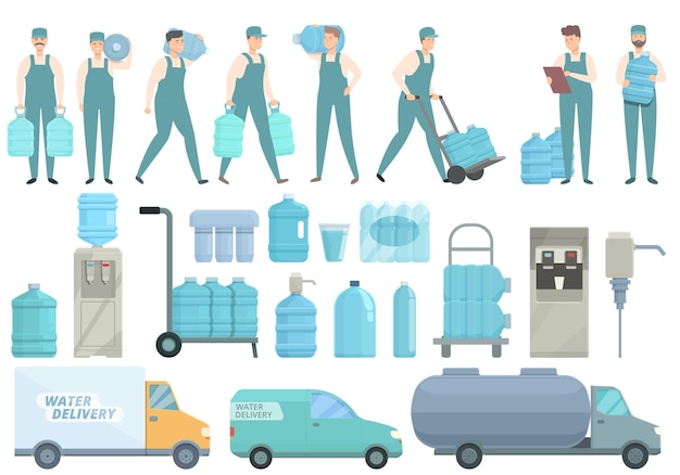 Water delivery icons set cartoon vector Cooler gallon