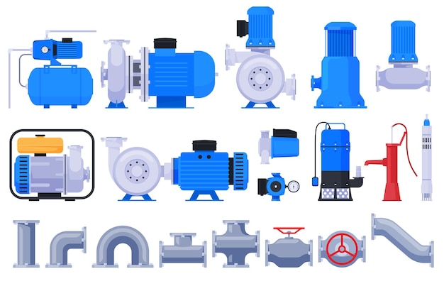 Water pumps water and liquid pumping technical equipment for water stations vector illustration