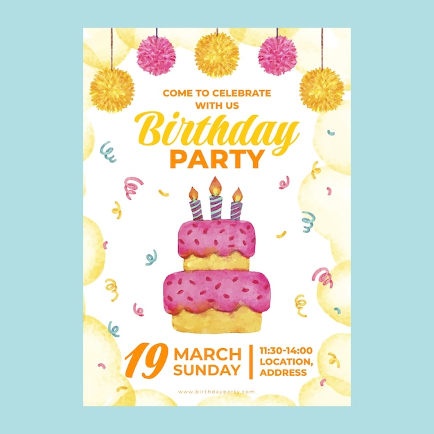 Watercolor birthday party flyer template