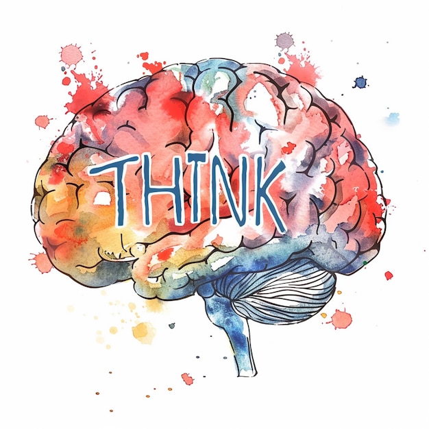 Watercolor brain with the word think