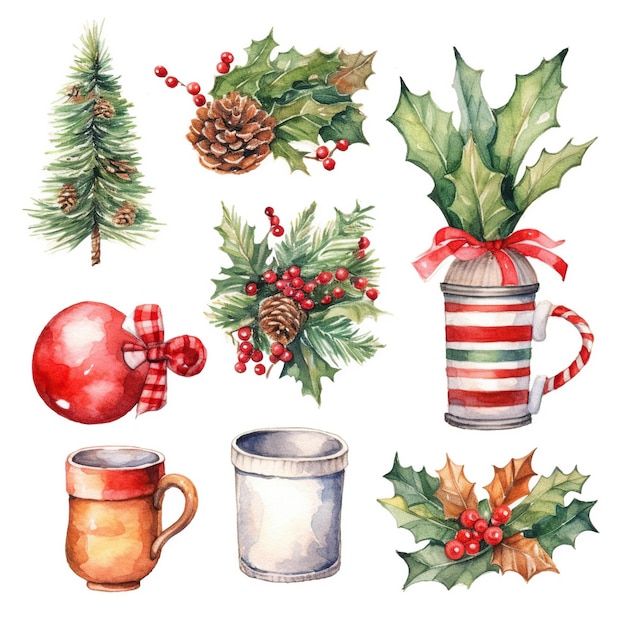 Vector watercolor clipart set christmas items white background