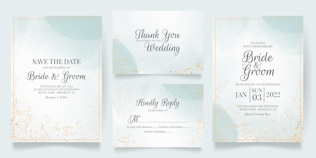 Vector watercolor creamy wedding invitation card template with golden floral decoration