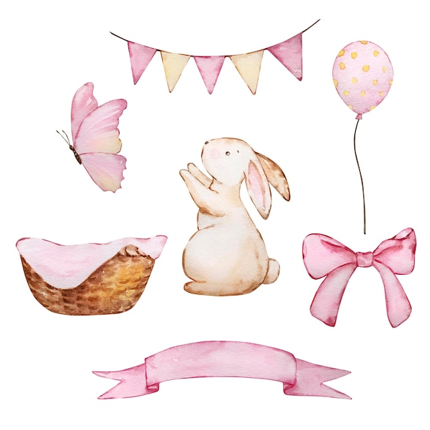 Watercolor cute easter set bunny butterfly ball garlandxAxA