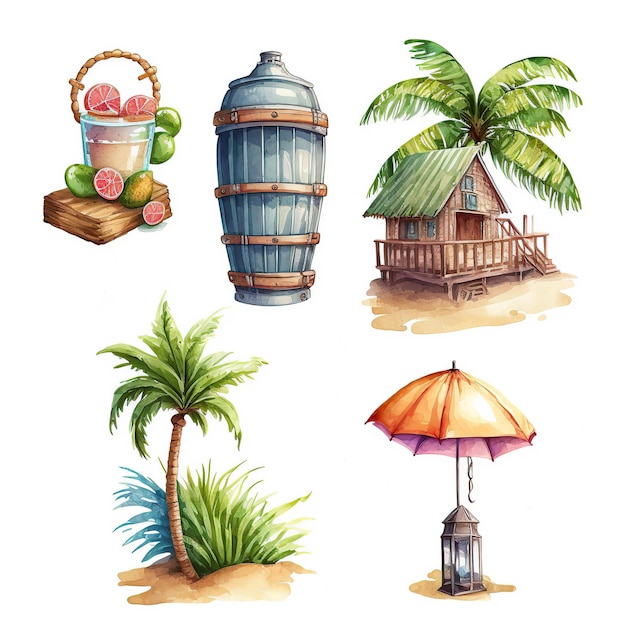 A watercolor illustration of a beach scene with a bucket and a palm tree.