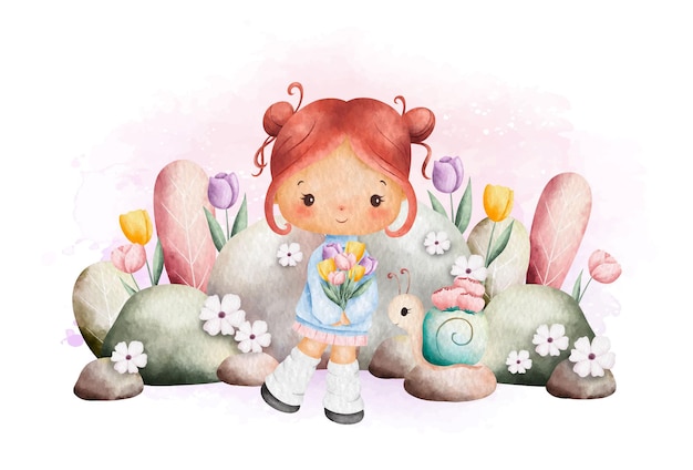 Watercolor Illustration Cute Girl and in the Spring Garden