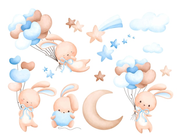 Watercolor Illustration set of cute rabbit and balloons