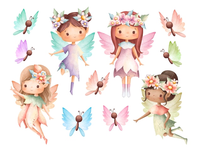 Vector watercolor illustration set of little fairies with flowers and butterflies
