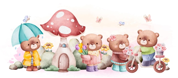 Watercolor Illustration Spring Teddy bear in the garden background