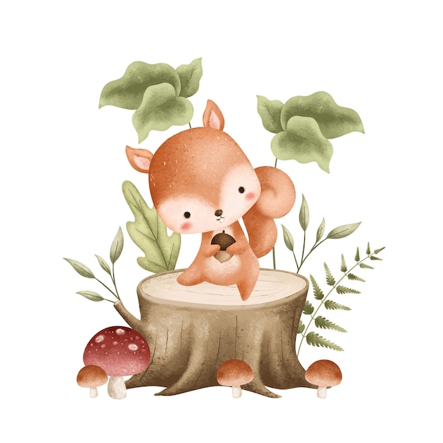 Vector watercolor illustration squirrel and plants at forest