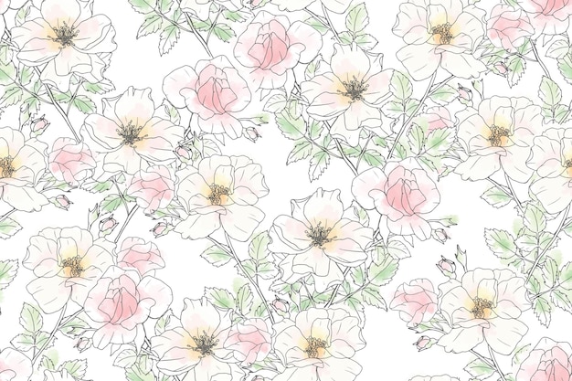 Watercolor loose line art pink rose repeat seamless pattern