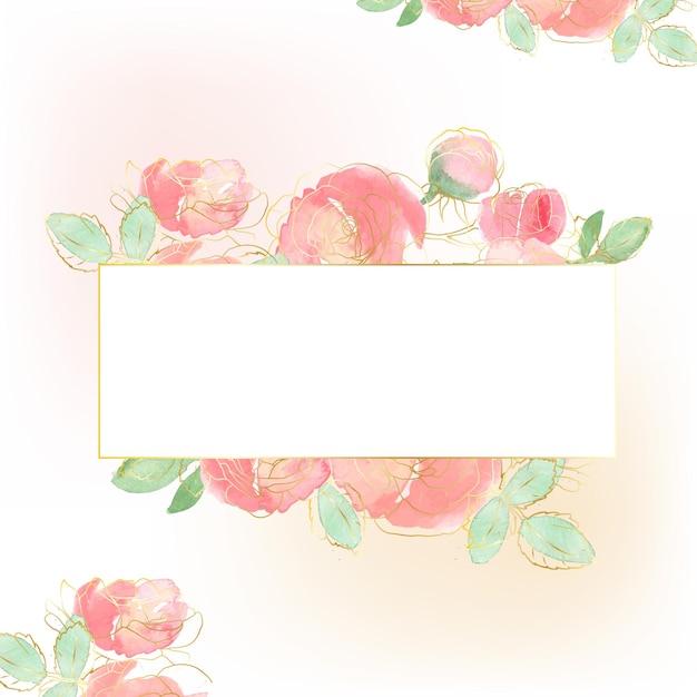 Watercolor loose rose flower bouquet with gold line art baner background template