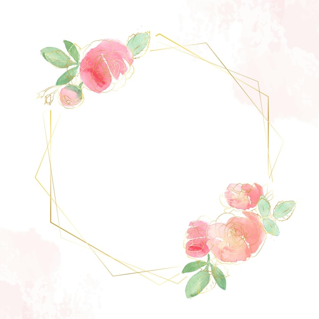 Watercolor loose rose flower bouquet with gold line art geometry frame geometric banner background