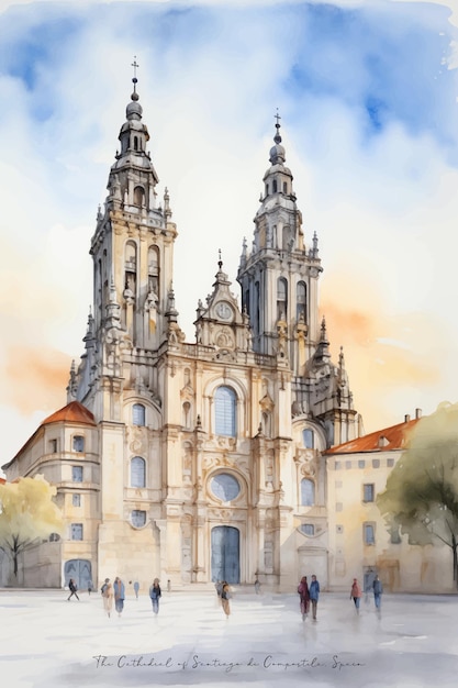 Vector watercolor painting of the cathedral of santiago de compostela in spain