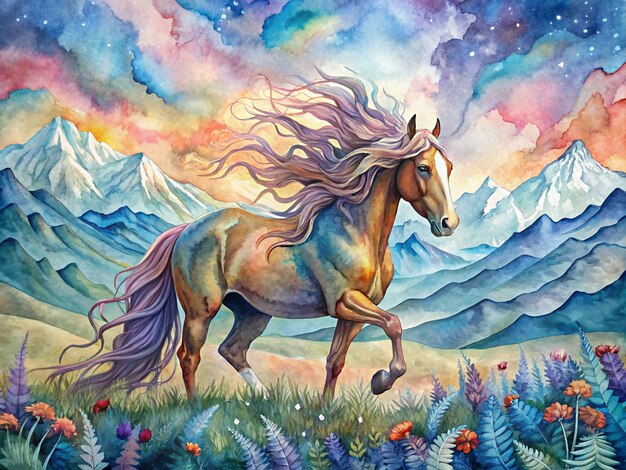 Vector watercolor painting of a horse running through a mountain landscape