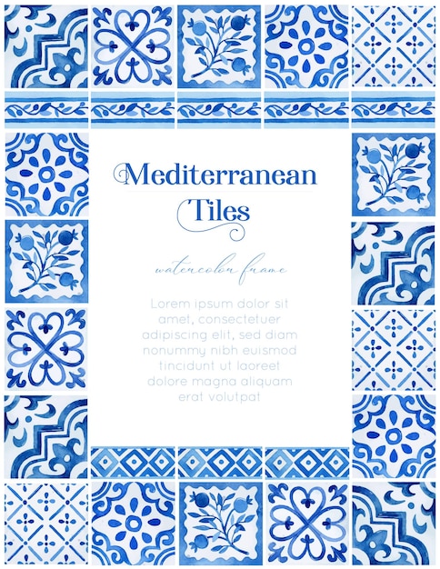 Vector watercolor rectangle mediterranean frame with azulejo tiles and border tiles for invitation