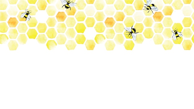 Vector watercolor seamless border frame with cute bees and honeycomb print banner on the topic of beek