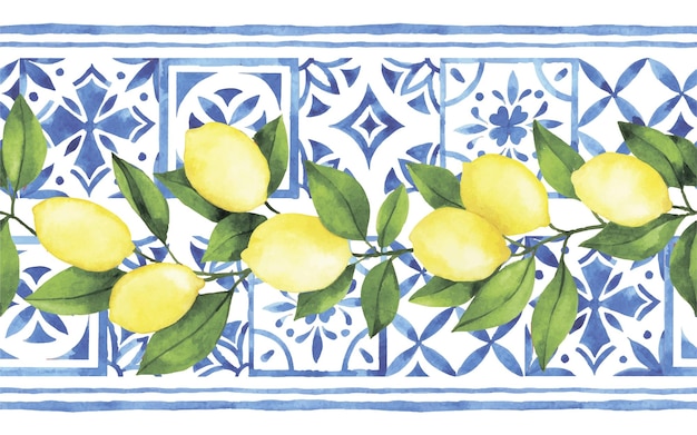 Vector watercolor seamless pattern with blue damask tiles and ripe lemons