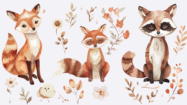 Watercolor Set of Forest Cartoon Characters