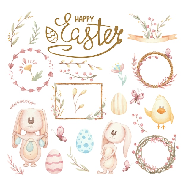 Watercolor set of illustrations for Easter or spring