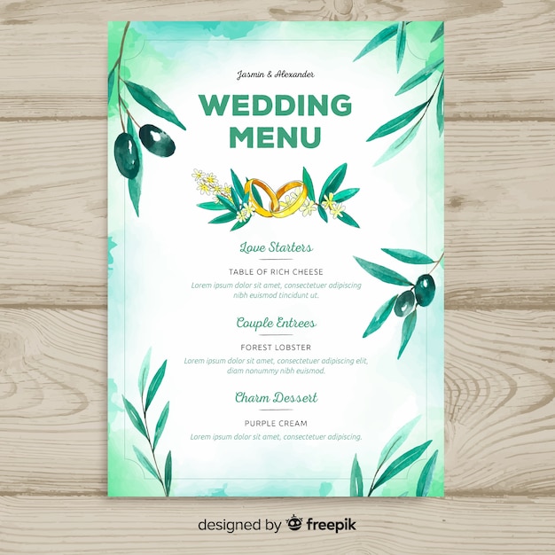 Watercolor style wedding menu template