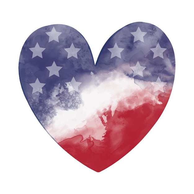 Watercolor textured vector heart in color of American flag of USA with white stars