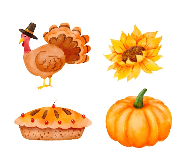 Watercolor thanksgiving elements Cute turkey in pilgrim hat pumpkin and sunflower