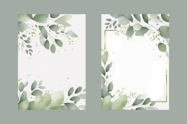 Watercolor vector set wedding invitation card template design with green eucalyptus leaves