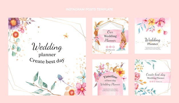 Vector watercolor wedding planner instagram posts collection