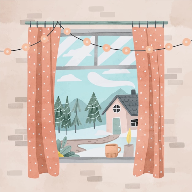 Watercolor winter window illustration