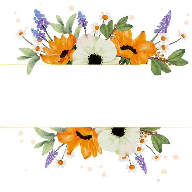 Watercolor yellow sunflower and white anemone flower bouquet wreath frame banner background